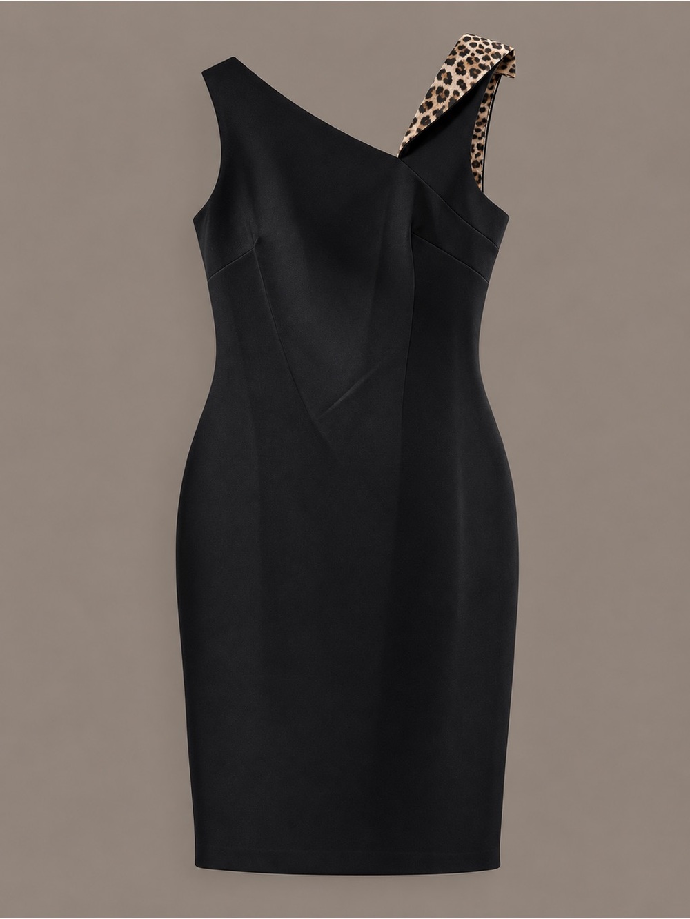 Calvin Klein Black One-Shoulder Sheath Dress with Leopard-Print Strap